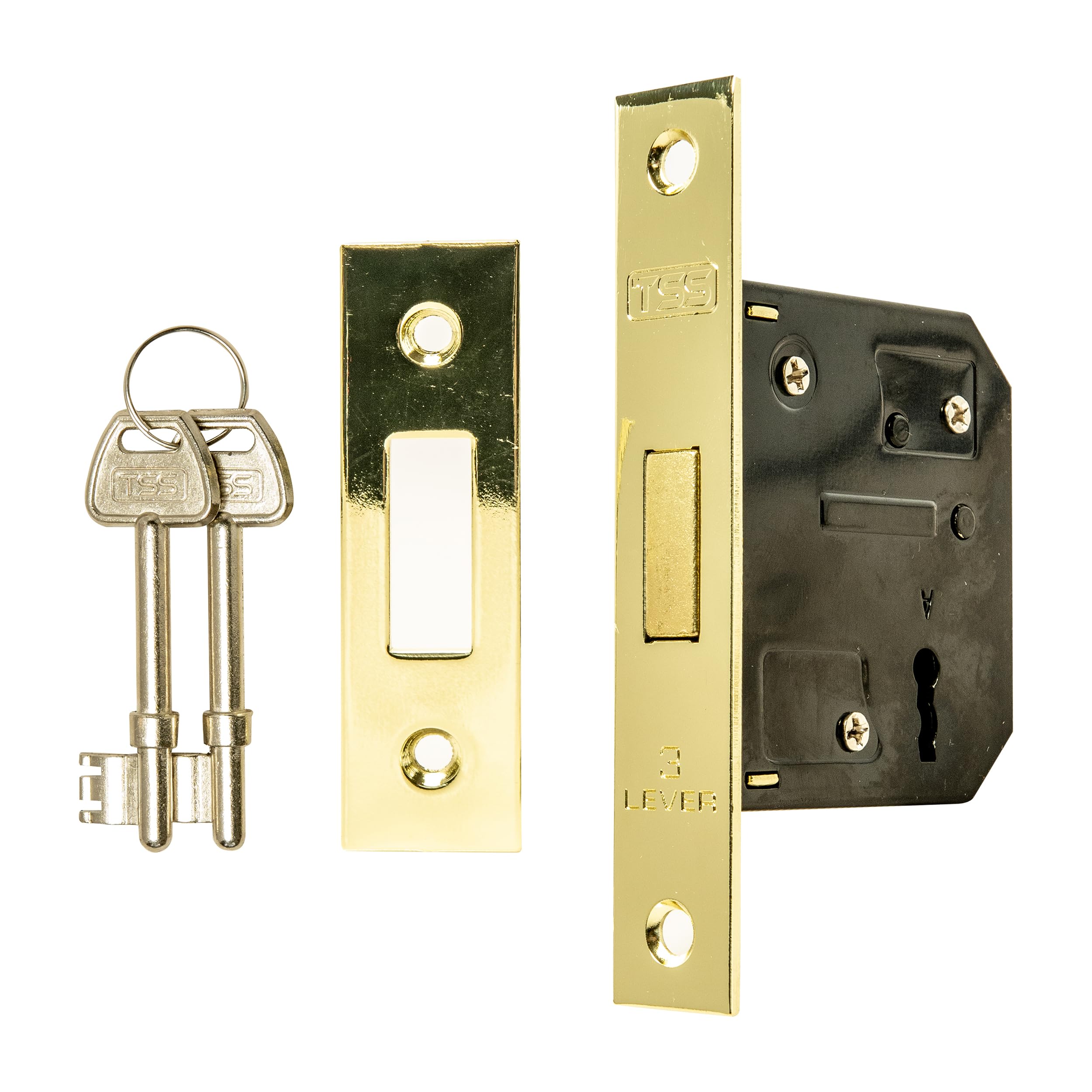 TSS 3 Lever Mortice Dead Locks for Internal Doors 2.5" (65mm) in Polished Brass. Internal Door Lock with 2 Keys. Door Lock with Key for Internal and External Doors.