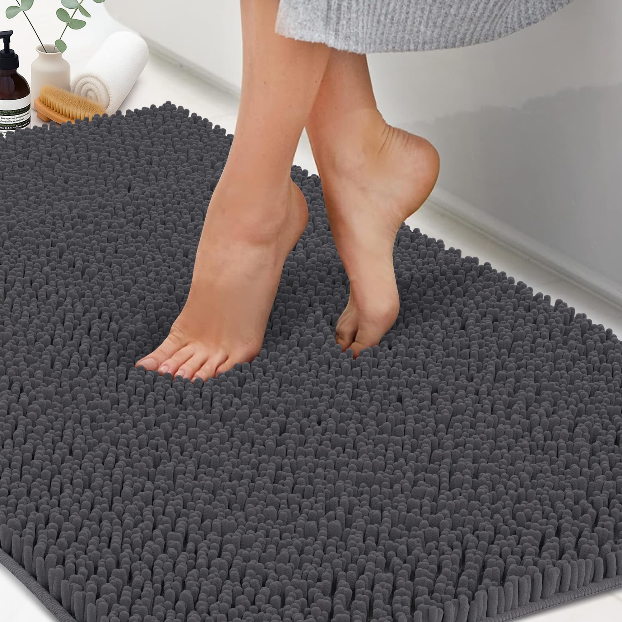 ITSOFT Plush Bathroom Rug 47"" x21, Absorbent Machine Washable Non Slip Chenille Bath Mats, Quick Dry Bathmat, Bath Rugs for Bath, Shower, Bedroom, Door Mat, Charcoal Gray