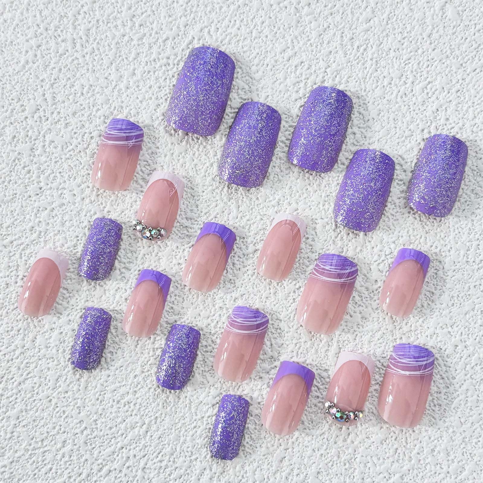 Purple Press on Nails Medium Square Fake Nails French Tip with Glitter Design Rhinestone Glue on Nails Glossy Full Cover Artificial Acrylic Stick on Nails for Women Girls Manicure 24Pcs - Image 5