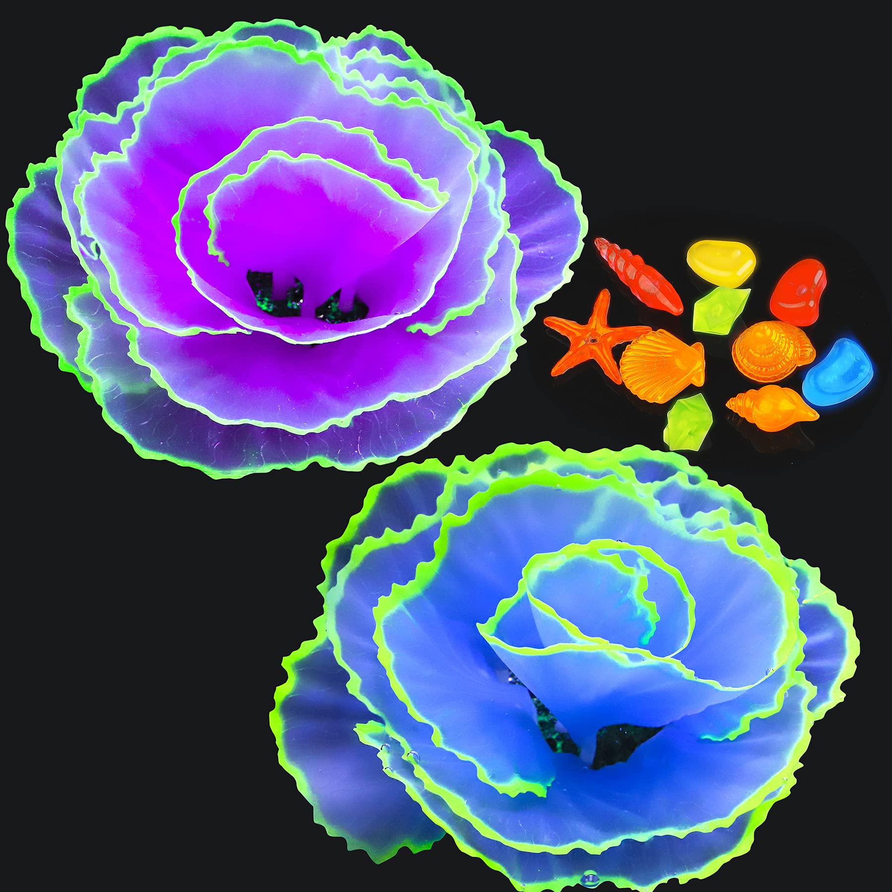 Photo 1 of Livfodrm Glowing Fish Tank Decorations Glow Aquarium Decor Coral Ornaments, 2pcs Silicone Flower Plants and 10pcs Colourful Sea Shells/Luminous Stone Glow in The Dark for Aquarium Decoration