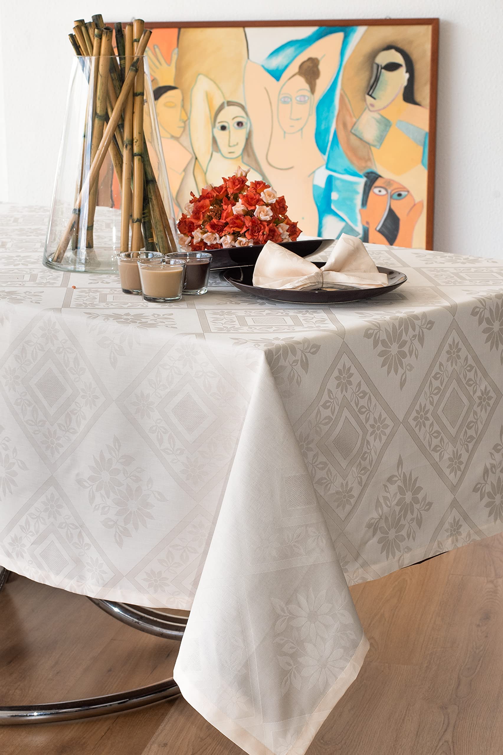 ESSE HOME – Tablecloth: Rectangular - Square – Round – Oval. Flanders Jacquard Pure Cotton – VIENNA (T 160x210, BEIGE)