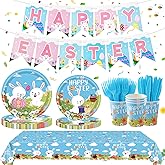 WINTS Happy Easter Party Supplies,152 Pcs Easter Tableware Set with Bunny Plates Napkins Cups Banner Tablecloth for Spring Eater Party Decorations Serves 25