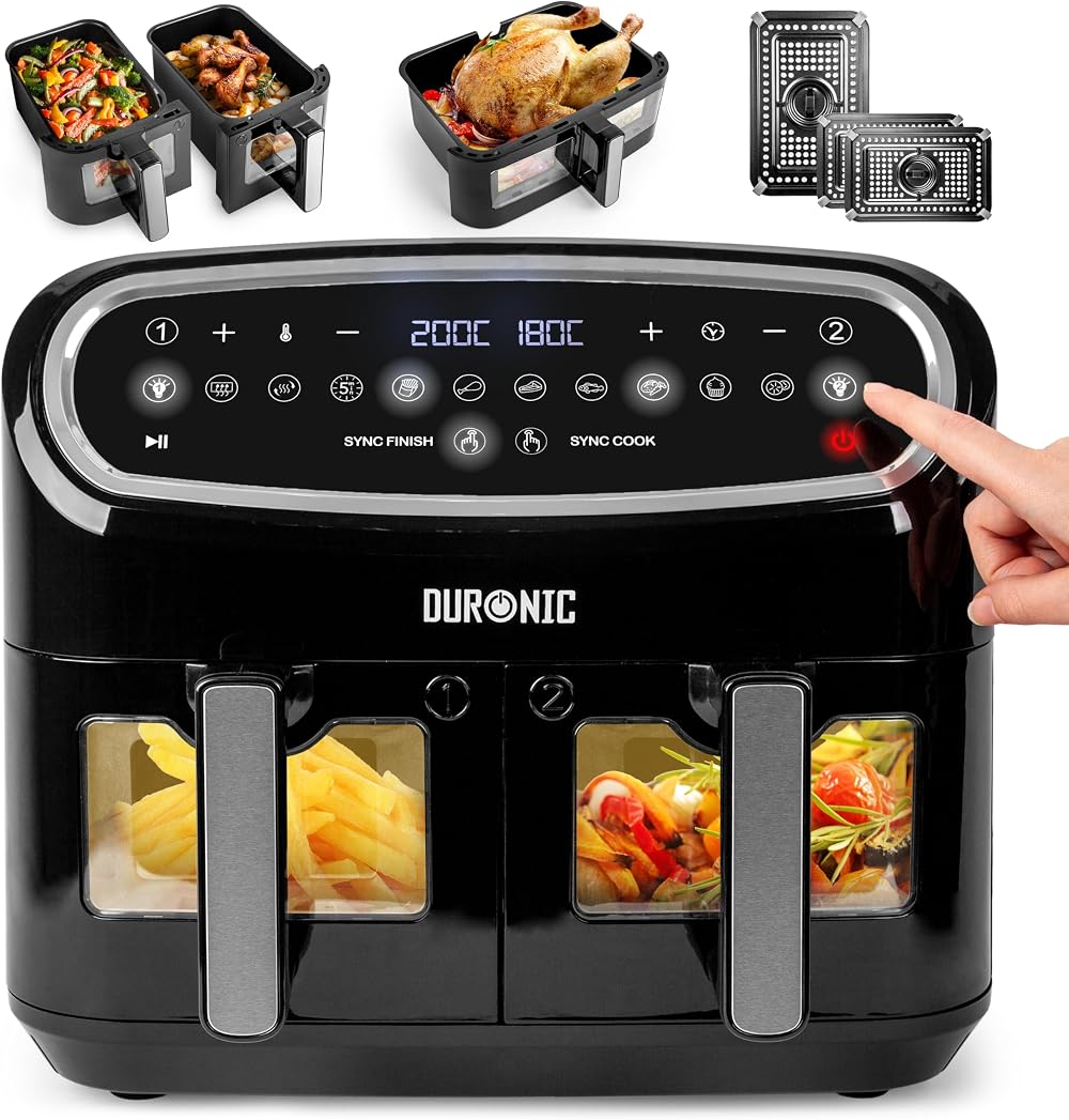Duronic AF34 BK Hot Air Fryer 3-Drawer XXL 10L 2x5L Dual Zone