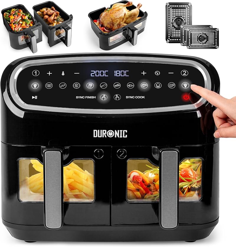 Duronic AF34 BK Hot Air Fryer 3-Drawer XXL 10L 2x5L Dual Zone