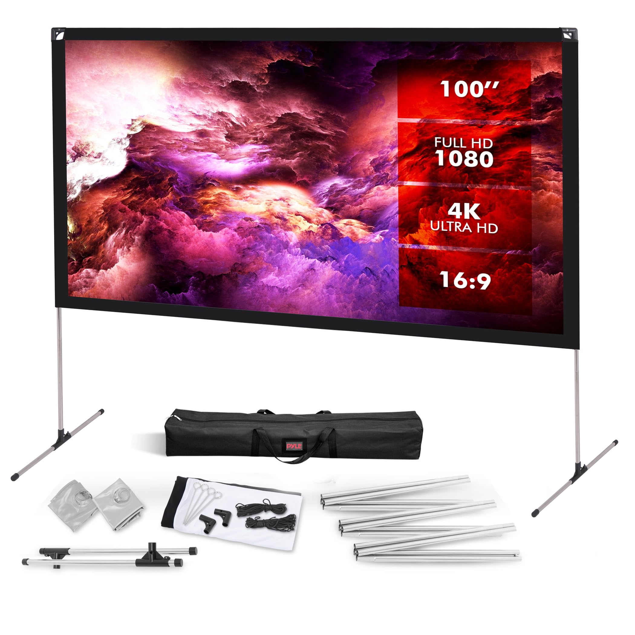 Pyle PRJOS100 Projector Screen with Stand - 100" 16:9 HD 4K Portable Lightweight Freestanding Foldable Indoor Outdoor Movie Projection Display with Frame for Home Theater