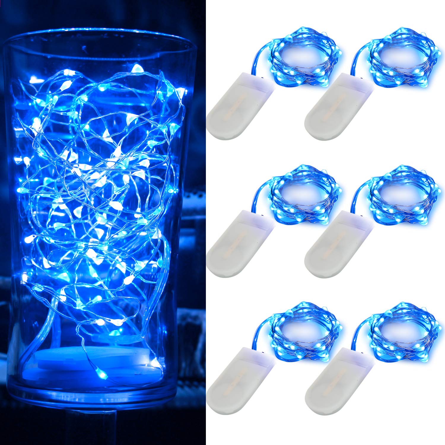 [6-Pack] 7Ft Starry String Lights No Remote Fairy String Lights 20 Micro Starry LEDs On Silver Wire 2pcs CR2032 Batteries Included,Works for Wedding Centerpiece,Party,Christmas Table Decor (Blue)