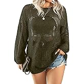 WDIRARA Women's Plus Size Skull Pattern Sheer Hollow Out See Through Long Sleeve Knit Sweater Tops