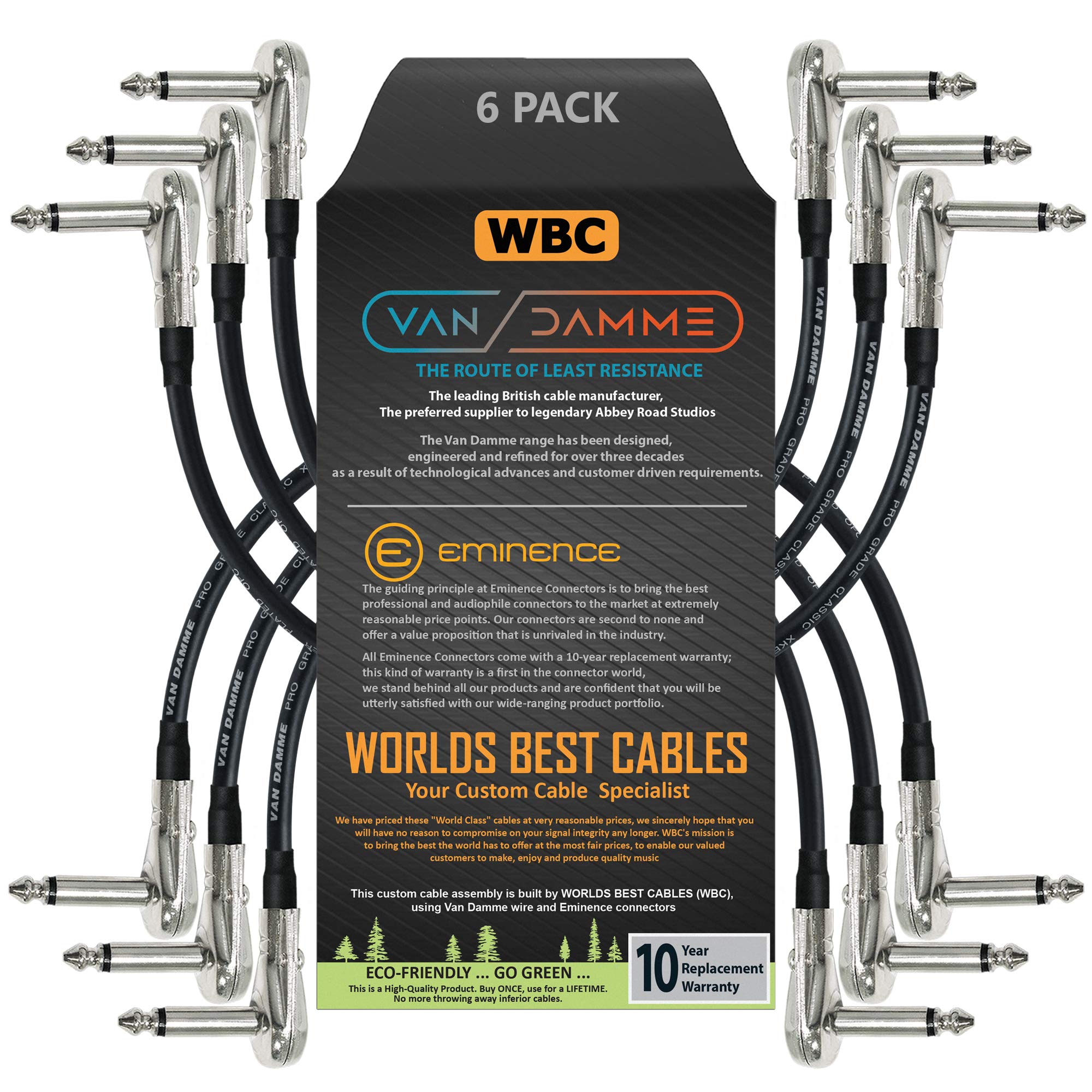 6 Units - Van Damme Pro Grade Classic XKE - 15 cm - Ultra-Flexible Multi-Shielded Guitar Bass Effects Instrument, Pedal Stomp Patch Cable - w/Low-Profile, R/Angled Pancake (6.35mm) TS Connectors