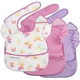 Tiny Twinkle Mess-Proof Baby Bibs for Eating | Waterproof, Wipeable Toddler Bibs with Catch-All Pocket | Feeding Bibs for Girls &amp; Boys(3 Pack,Butterfly)
