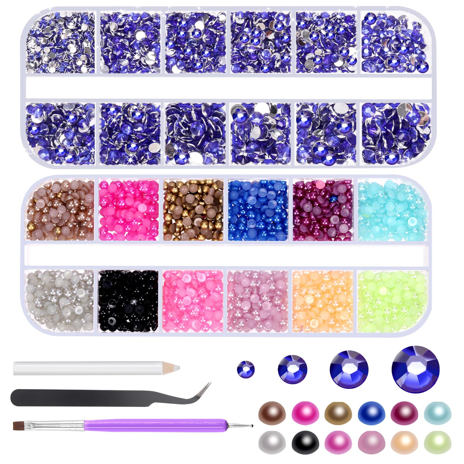 Glarks 4403pcs Rhinestone Gems and Flat Back Pearl Set, 2MM 3MM 4MM 5MM Deep Blue Flat Back Gems Crystal Rhinestones, 3MM Flatback Pearl Half Pearl Half Round Flat Back Pearl with 3pcs Tools