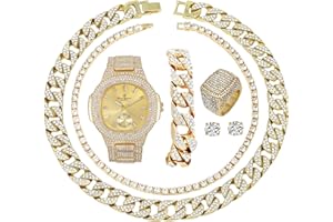 CHARLES RAYMOND Fully Iced Mens Big Rocks Bezel Color Dial with Roman Numerals, Cuban Chain Bracelet, Cuban Necklace, Tennis Chain & Ring - ST10327CRNT