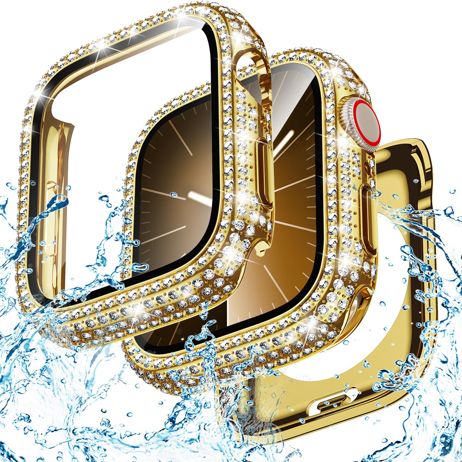 Goton 45mm Waterproof Bling Case for Apple Watch Screen Protector Series 9/8/7 45 mm, Sparkling PC Front Bumper & Hollow Back for iWatch Cover, Splash-Resistant, Easy Install