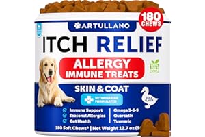 ARTULLANO Dog Allergy Relief Chews - Itching Skin Relief for Dogs - 180 Soft Treats - Fish Oil - Omega 3 - Seasonal Allergies Pills - Skin & Coat, Anti Itch,Hot Spots Treatment - Canine Immune Health Supplement