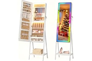 LVSOMT LED Mirror Jewelry Cabinet, Lockable Jewelry Armoire Cabinet Standing, Large Full-Length Mirror with Jewelry Storage, LED Lighted Floor Mirror, 14 RGB Lights, Christmas Gifts, White