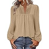 BETTE BOUTIK Women Boho Long Sleeve Shirts Dressy Casual V Neck Fall Fashion Tops Swiss Dot Flowy Blouses
