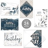 Canopy Street Modern Navy And Gold Tone Birthday Cards / 24 Birthday Greeting Cards With White Envelopes / 4 5/8" x 6 1/4" Note Card Pack / 6 Gender Neutral Day Of Birth Wishes Designs