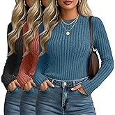 Velvelhall 3 Pack Women's Fitted Ribbed Sweaters Tops, Long Sleeve Crew Neck Slim Fit Thermal Fall Winter Base Sweater