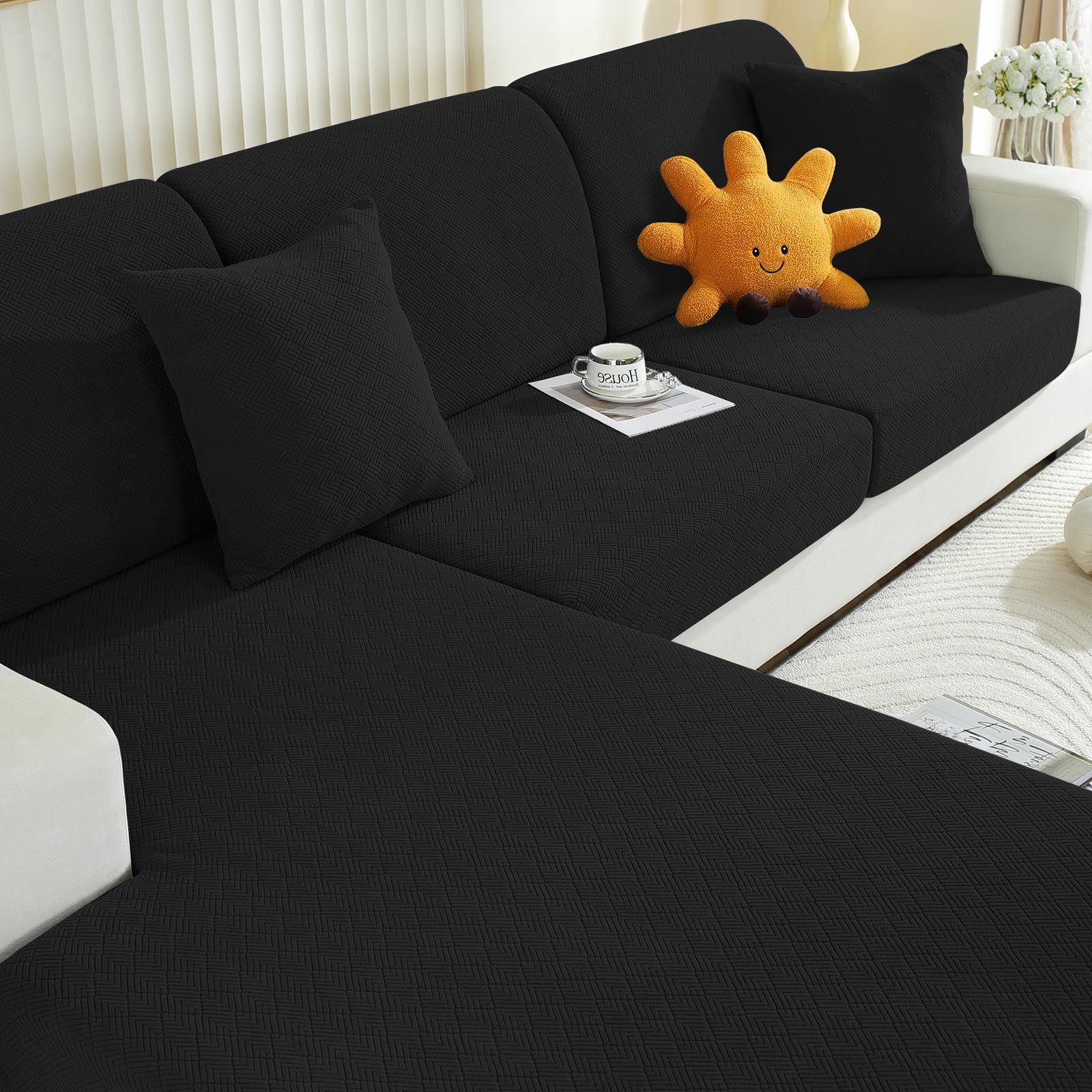 Photo 1 of YEMYHOM Sectional Couch Covers for L Shaped Chaise Lounge 1 Piece Separate Cushion Couch Universal Replacement Diamond Pattern Furniture Protector with Elastic Bottom (Chaise Cover, Diamond Black)