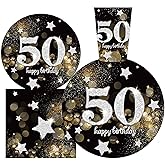 Oojami 50th Birthday Party Supplies Set – Serves 30, Includes 9" Dinner Plates, 7" Dessert Plates, 12 oz Cups, 3-Ply Napkins – Disposable Tableware for Happy 50th Birthday Decorations, Black & Gold