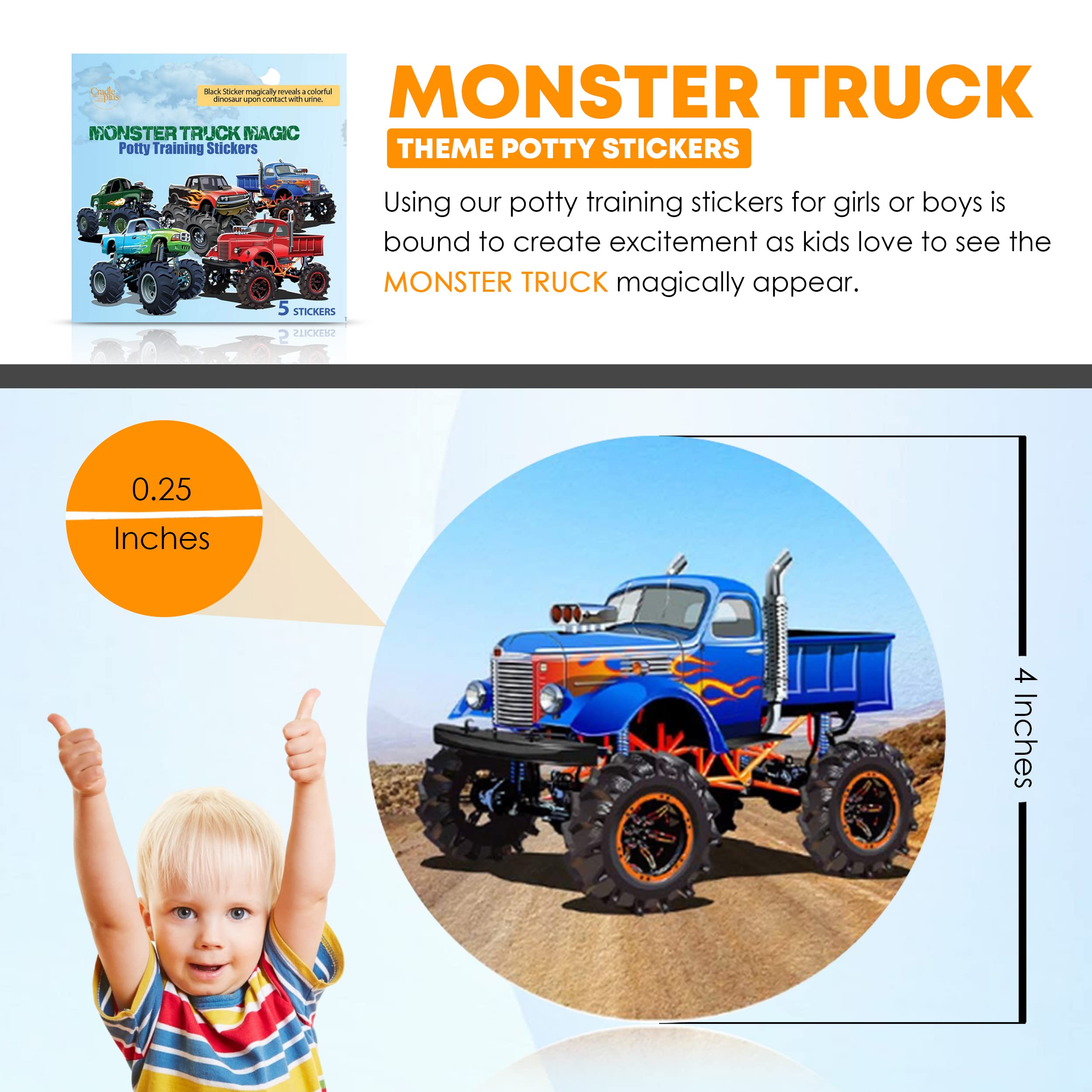 Potty Training Seat Magic Sticker | Monster Truck Potty Training Toilet Color Changing Sticker | 5 Pack Toilet targets with FREE potty e book | Use with or Without Potty chart or potty watch
