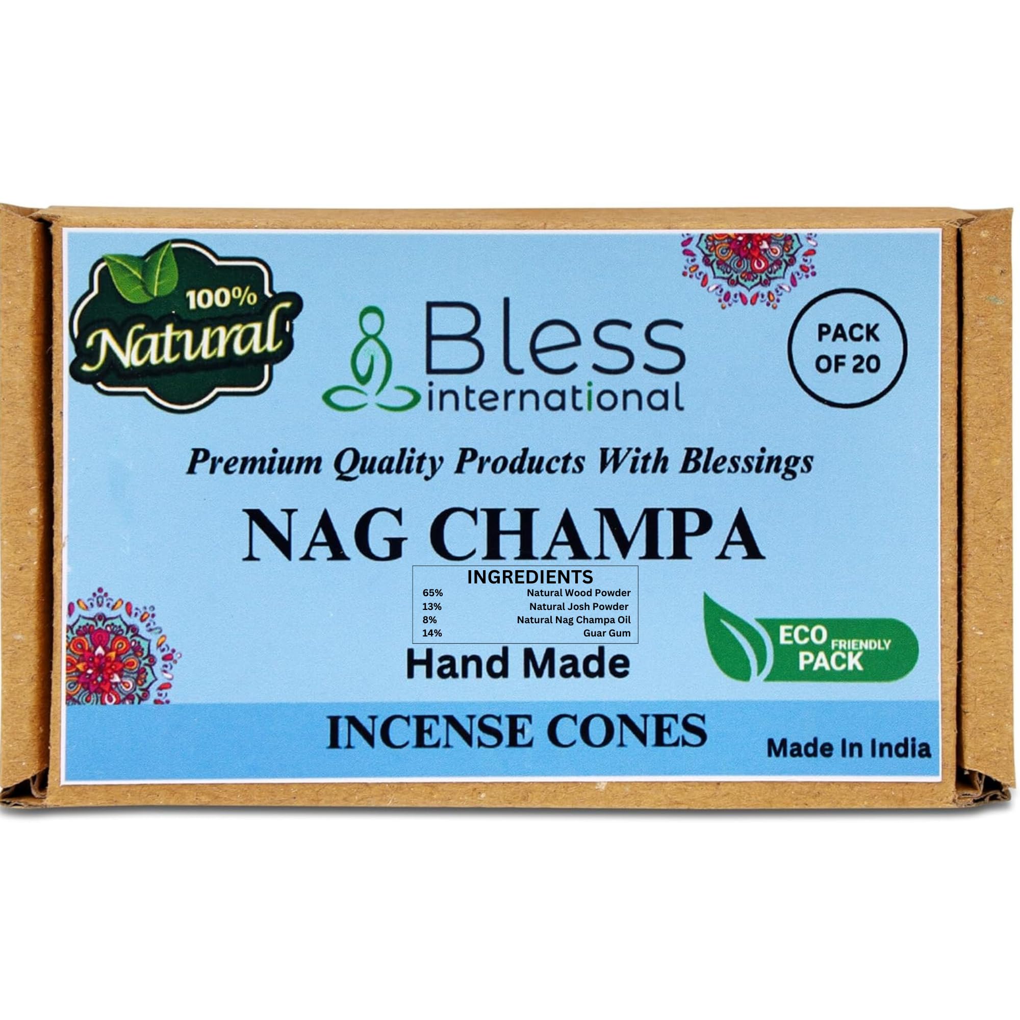 Bless-International Nag Champa 100%-Natural-Incense-Cones Handmade-Hand-Dipped Organic-Chemicals-Free for-Purification-Relaxation-Positivity-Yoga-Meditation The-Best-scents (20 Count)