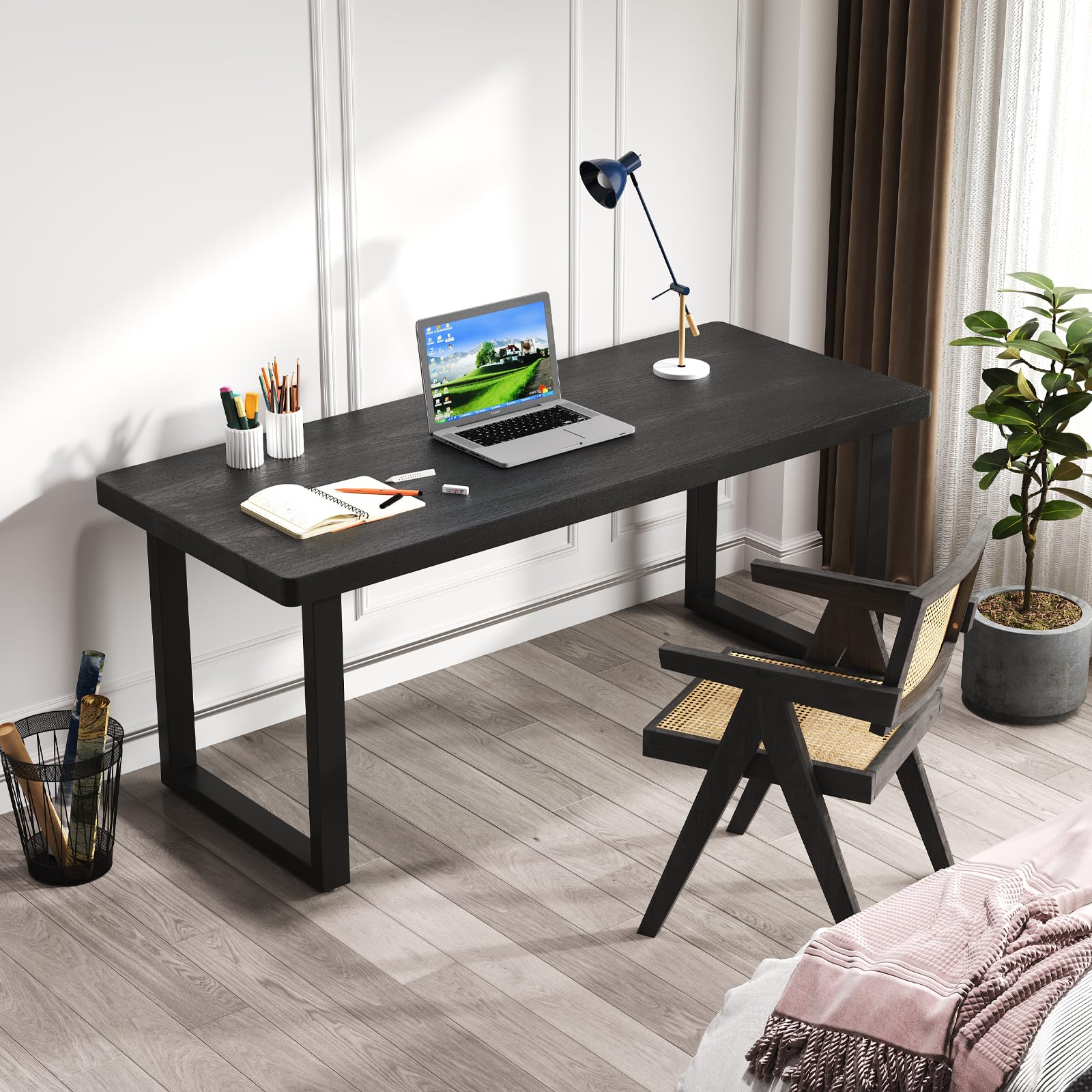 Photo 1 of wangbochuan Modern 78in Solid Wood Office Desk with Sturdy Metal Base - Stylish Durable Black Study Desk | Multiple Sizes for Home Office & Study Area