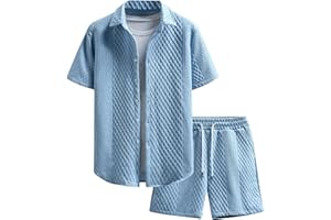 GORGLITTER Men's 2 Piece Outfits Waffle Knit Button Down Shirt Top and Shorts Set Beach Vacation Clothes