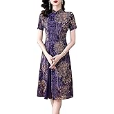 LAI MENG FIVE CATS Women's Casual Floral Print A-line Shirt Dress Button up Midi Dress