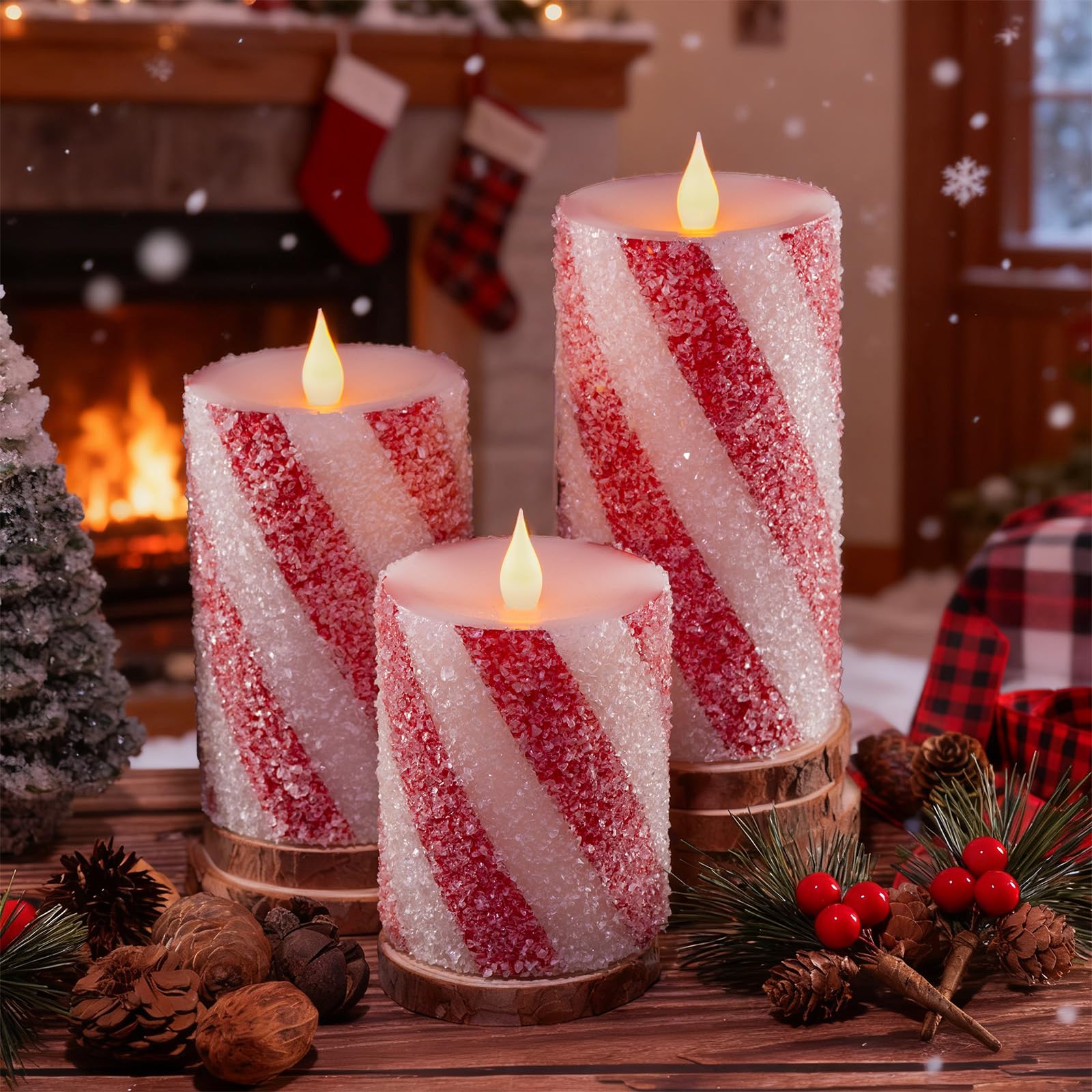 Photo 1 of  Christmas Candy Cane Stripe Flameless Candles, Real Wax Red &White Glitter Striped LED Pillar Candles with Battery Operated Flickering Flame for Xmas Party, Wedding, Home Decoration D3 x H4"5"6"