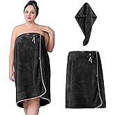 OneDream Plus Size Towel Wrap for Women, Adjustable Towel Wrap Women with Hair Towel (XXL-XXXXL), Bath Towel Dress After Shower, Large Spa Towels for Body Black