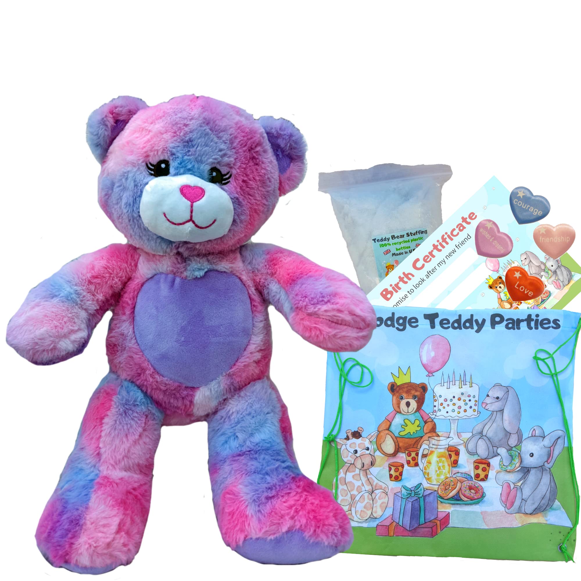Strawberry the Purple Heart Bear - Soft Plush Toy - 16 inch / 40cm - Build your own Teddy Bear Making Kit - no sew