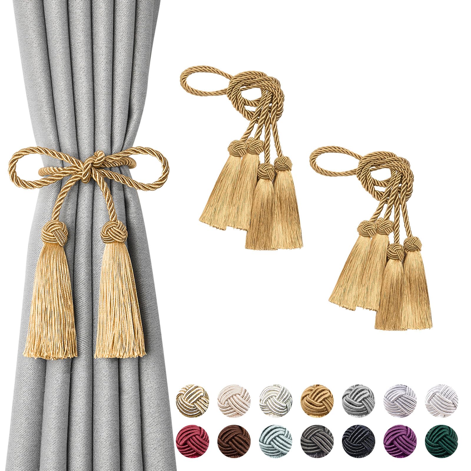 Pretty Jolly 4 Pack Double-ended Tassel Curtain Tiebacks Handmade Braided Rope Knot Drape Tie Backs European Style Decorative Curtain Holdbacks for Home & Office Window Drapery (Bronze)