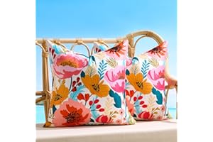 DBoer Floral Waterproof Outdoor Throw Pillow Covers Floral Printed Pink Yellow Flower Blue Leaves Pillowcase 16x16 Inch Set o