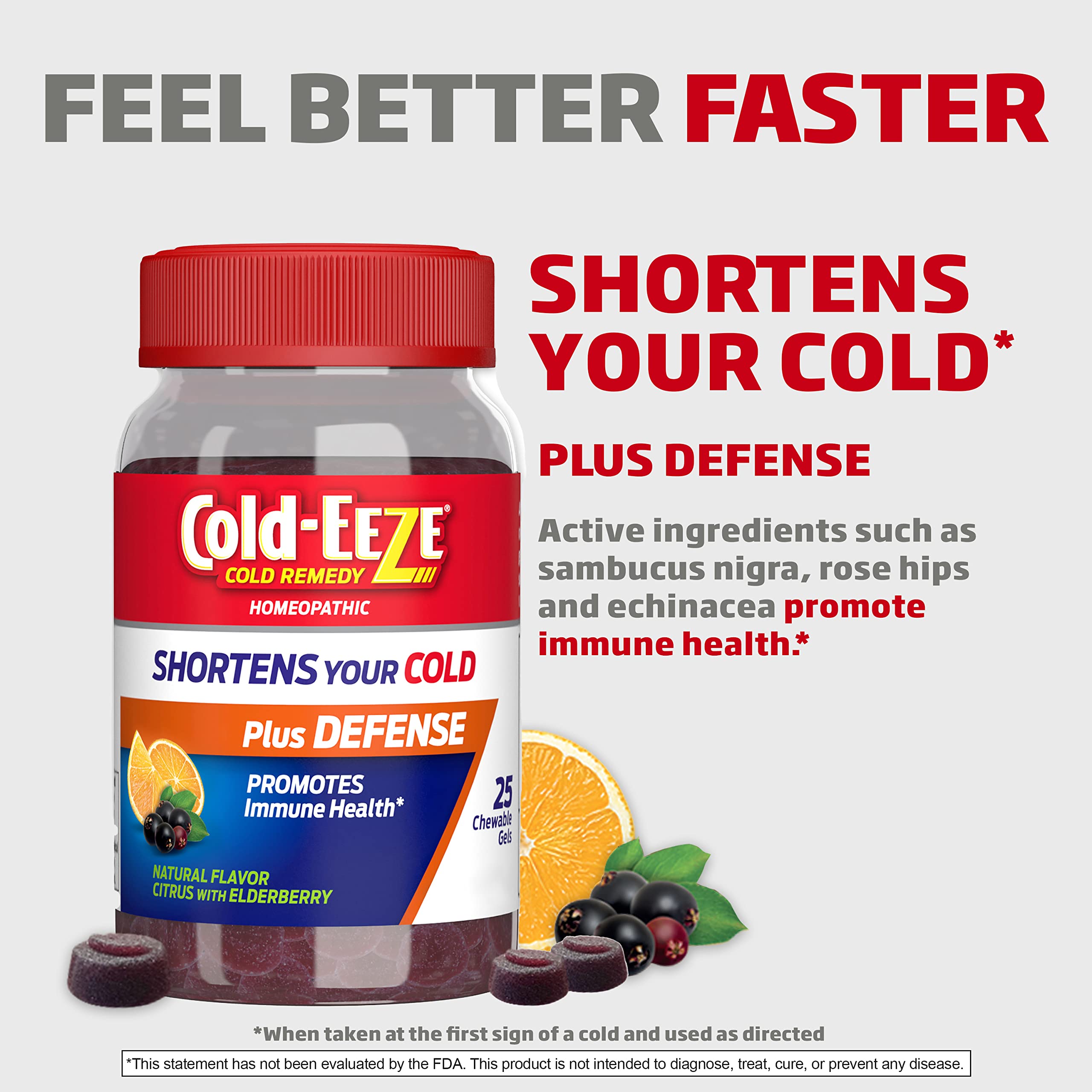 Cold-EEZE Plus Defense Natural Citrus & Elderberry Zinc Chewable Gels, Homeopathic Cold Remedy, Shortens Common Cold Symptoms, Promotes Immune Health with Sambucus Nigra, Echinacea & Rose Hips, 25 Ct