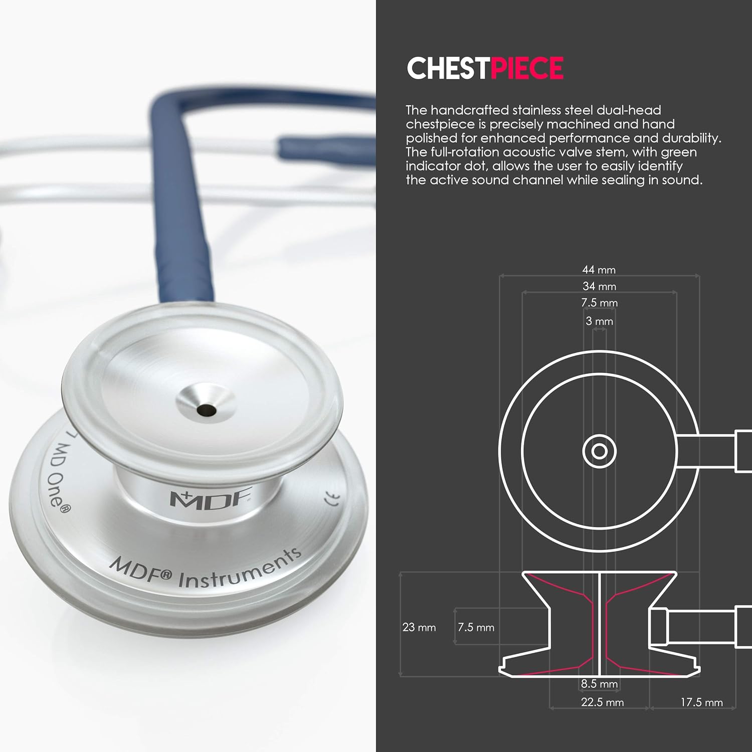 MDF Instruments, MD One Stainless Steel Premium Dual Head Stethoscope, Adult, Navy Blue Tube, Silver Chestpieces-Headset, MDF77704 - Image 3
