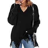 Femfady Women Sweater Fall Off The Shoulder V Neck Fringe Knit Pullover Long Sleeve Tops