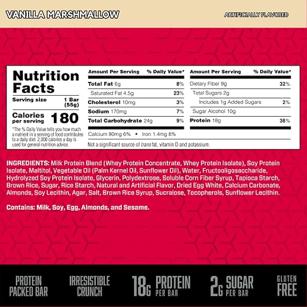 BSN PROTEIN CRISP BAR, VANILLA MARSHMALLOW, 18 GRAM PROTEIN SNACK BARS WITH WHEY AND FIBER, GLUTEN-FREE CRUNCHY ENERGY BARS FOR WORKOUT, FITNESS, ON-THE-GO, 12 COUNT