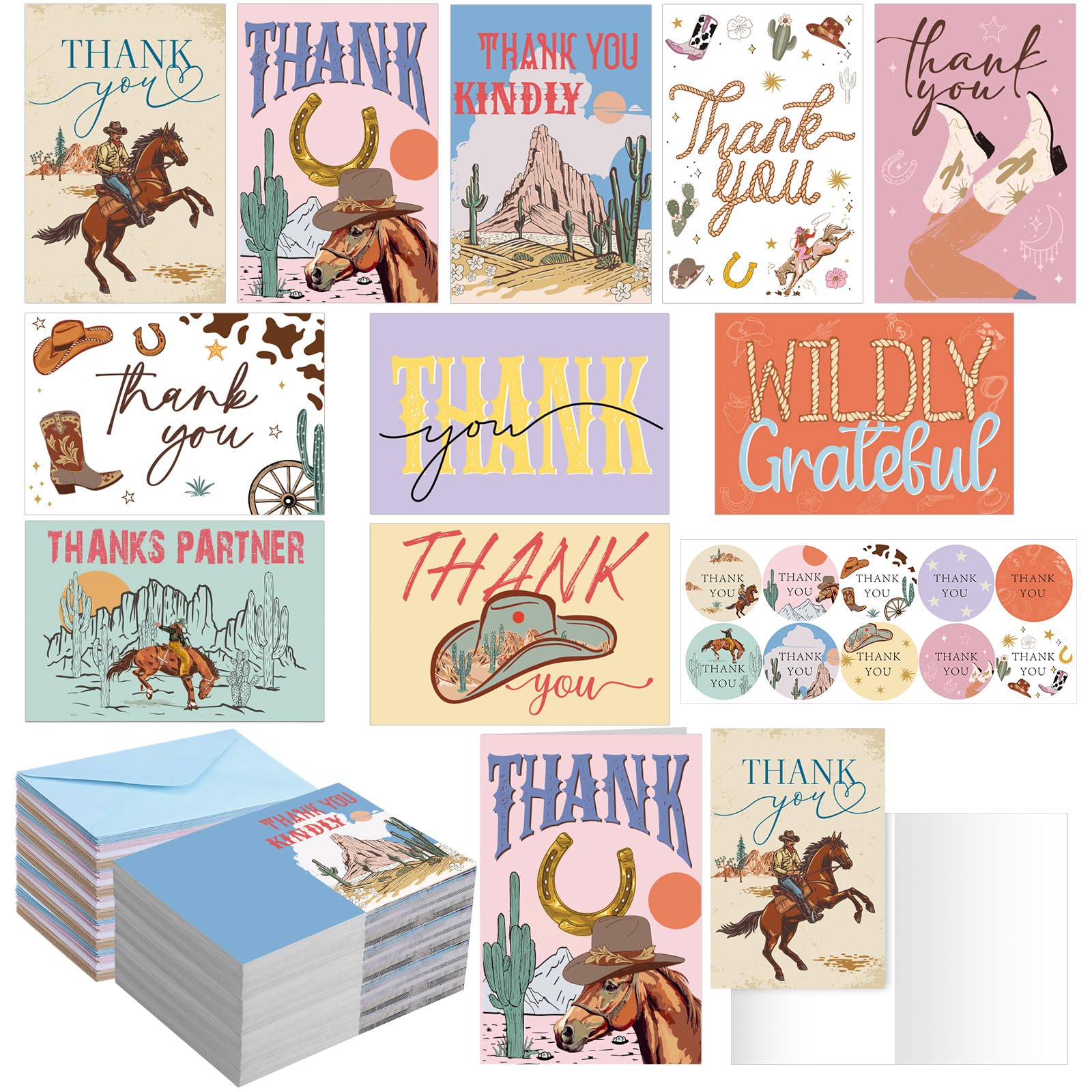 Photo 1 of Moinchore 100 Pack Western Cowboy Thank You Cards Assorted Blank Appreciation Greeting Note Cards with Envelopes Stickers for Teachers Employee Baby Shower Bridal Birthday Graduation