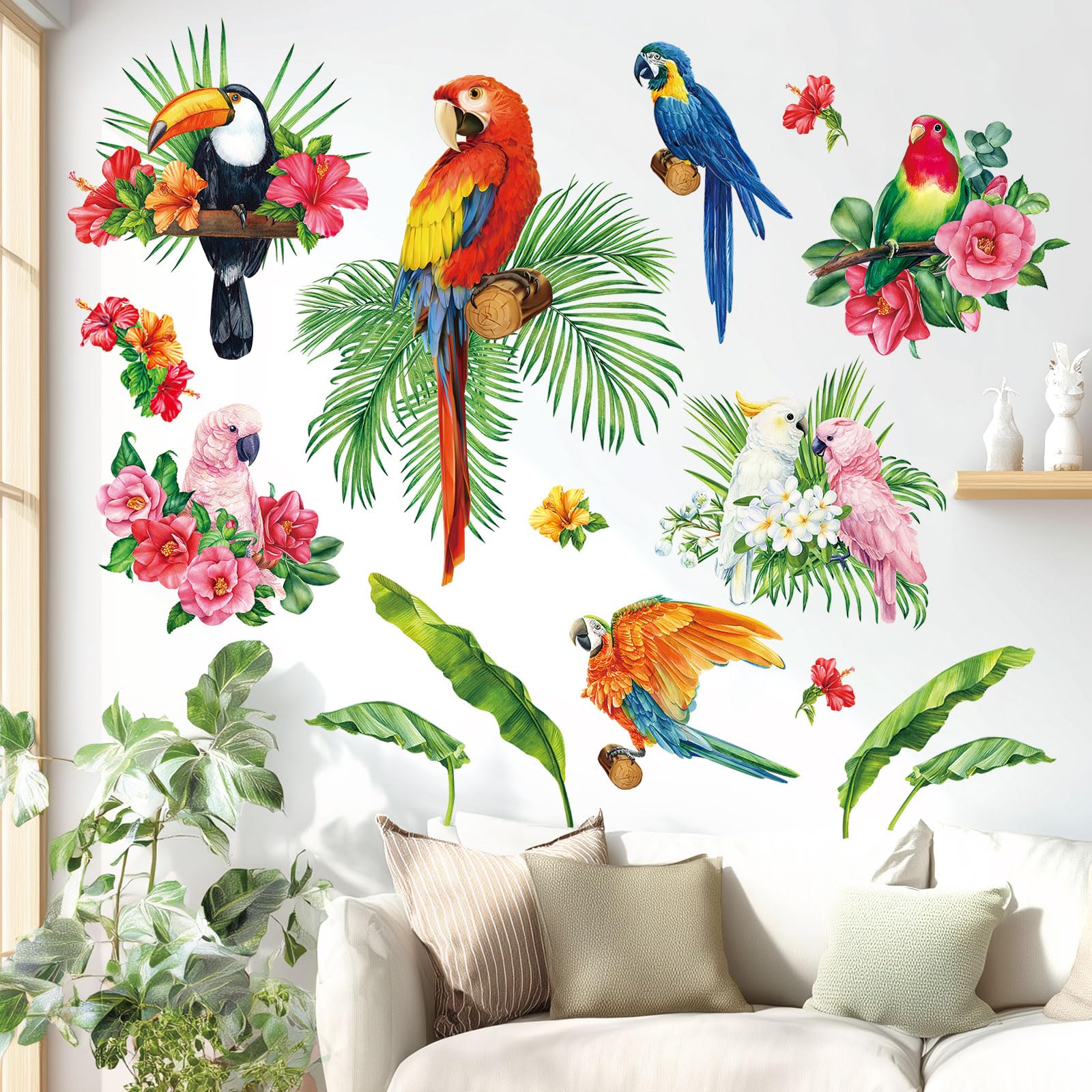 BASHOM BS-108 Colourful Tropical Parrots Wall Stickers Birds Decals Removable for Garden Nursery Bedroom Living Room Art Home décor murals Decoration