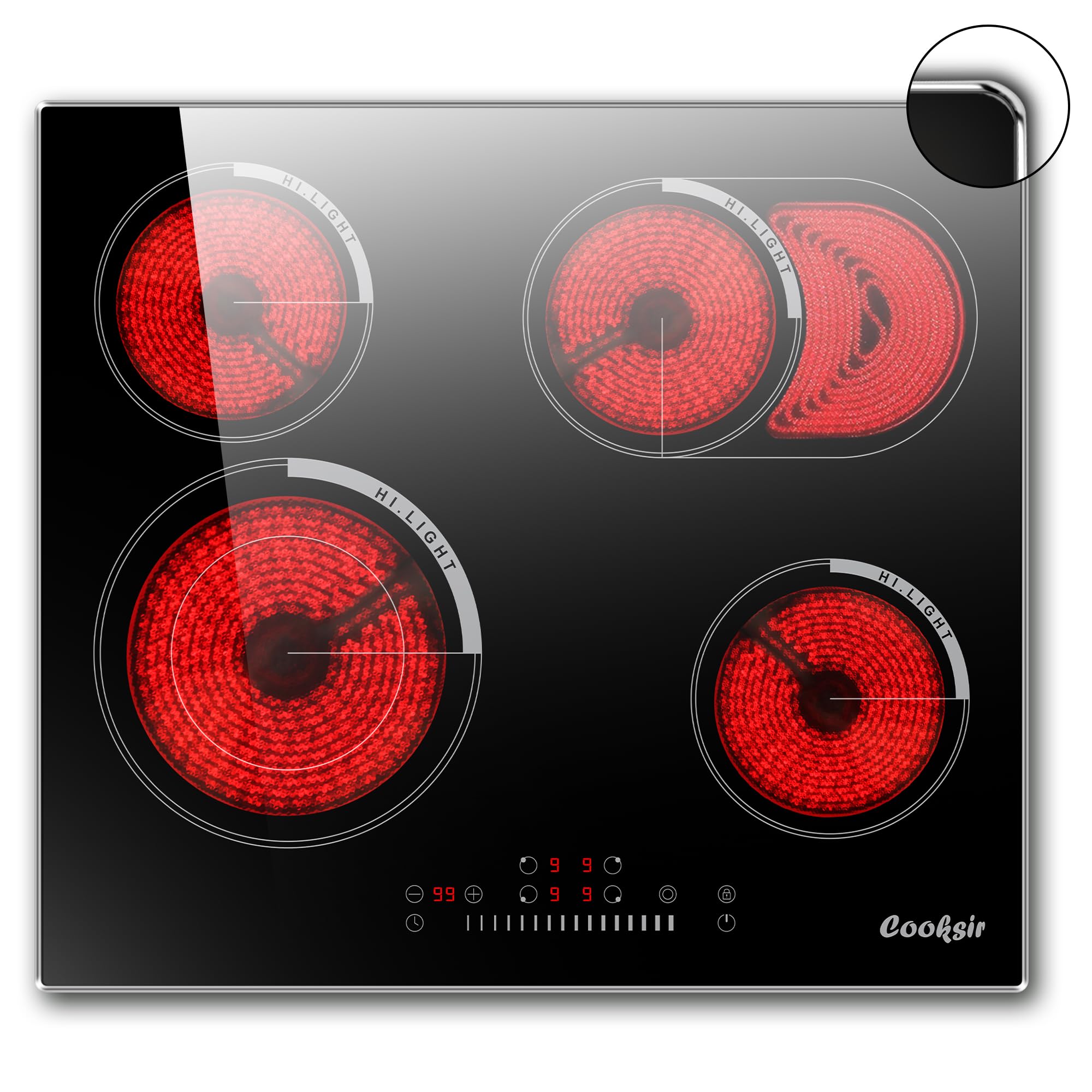 View 1 of Cooksir 4 Burner Electric Cooktop - 24 Inch Electric Stovetop Built-in 6600W, Radiant Ceramic Stove with Oval Zone, Dual Zone, Glass Metal Frame, Safety Lock, Timer, 220-240V Hard Wired (No Plug)