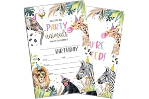 Sahjzk Calling All Party Animals Safari Style Fill-In Birthday Invites(4"x6"), Jungle Animals Birthday Invitations with Envelopes(20-Pack), Birthday Party Supplies for Boys & Girls, Teen, Kids-A01