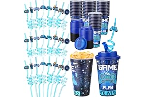 Yungyan 16 Sets Video Game Party Favors Goodie Cups with Lids and Straws for Birthday Decorations Reusable 16oz Plastic Candy Cups Plastic Straws for Birthday Party (Video Game)
