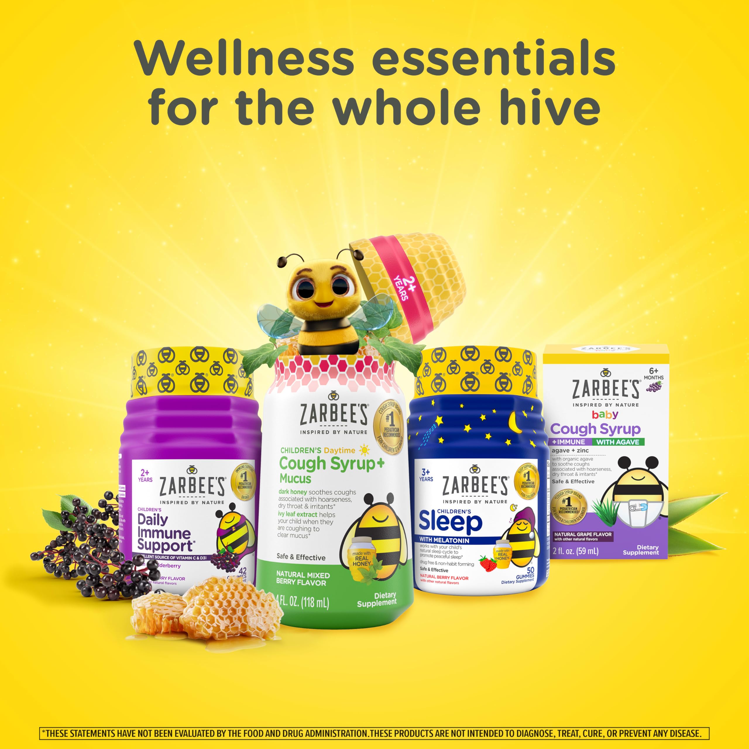 Zarbee's Children's Nighttime Honey Cough Syrup + Immune for Kids 2+, Cough Syrup with Soothing Dark Honey, Real Elderberry, Vitamin D & Zinc, & Chamomile, Drug-Free, Mixed Berry, 4 fl. oz