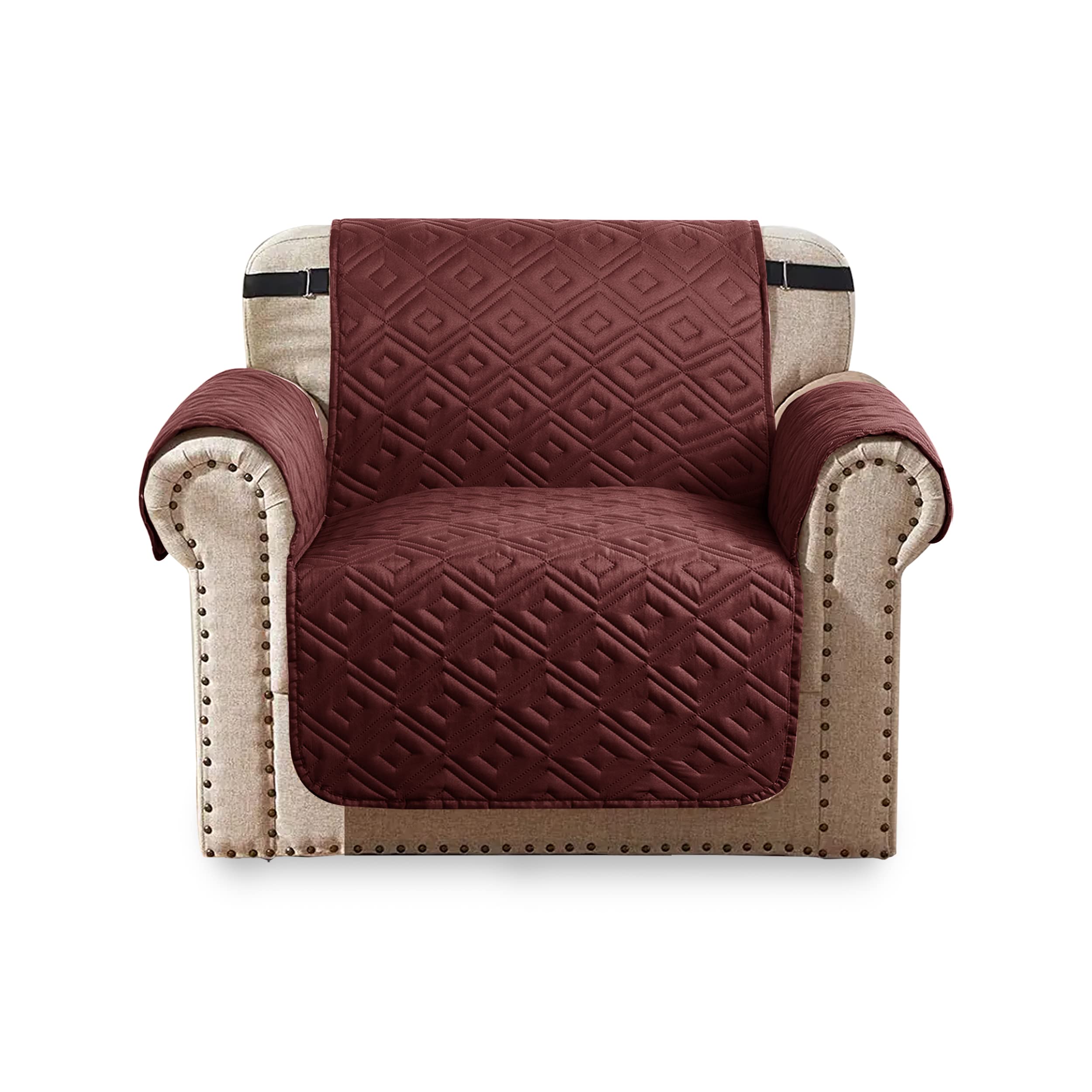Oxford Homeware Sofa Slipcovers 1 Seater Embossed Water Proof with Adjustable Elastic Straps Quilted Reversible Sofa Covers for Pets & Kids (Brown - Beige, 168cm x 179cm)