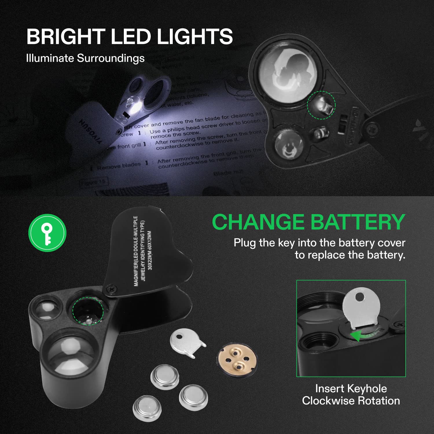 VIVOSUN 2-Pack 30X 60X Illuminated Jewelers Loupe Foldable Magnifier with LED Light for Jewelry Gems Watches Coins Stamps Antiques Black