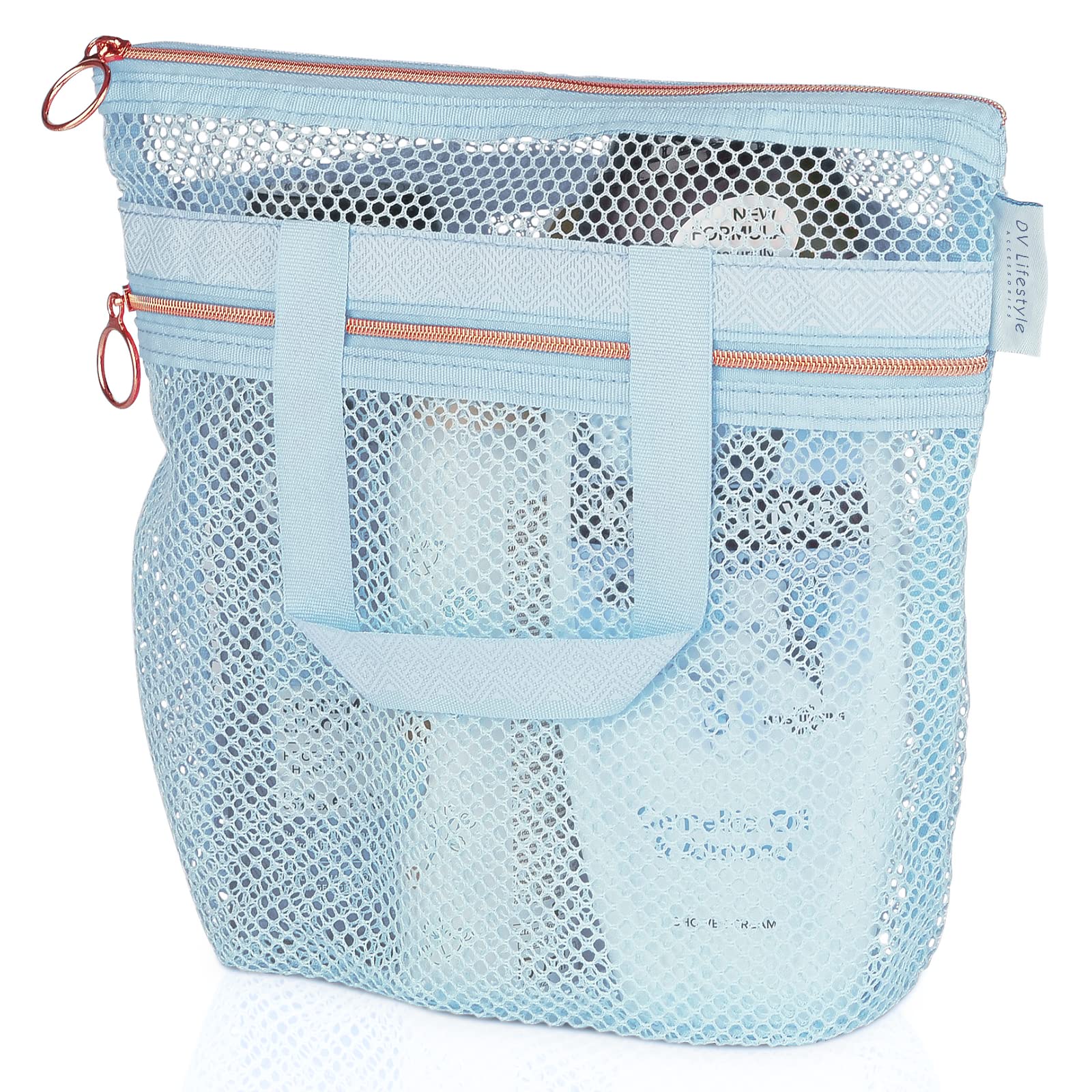DV Lifestyle Mesh Shower Bag 25 x 26cm Caddy with Zipper & 2 Pockets. Quick-Dry Portable Toiletry Tote for Bathroom, Gym, Travel, Camp, Beach, for Sunscreen, Dorm & College Essentials (Blue)