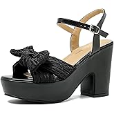 fereshte Women's Pleated Bow Knot Chunky Block Heels Platform High Heel Open Toe Ankle Strap Sandals