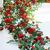 6FT Bendable Flower Garland Hanging Floral Garland Spring Rose Vine Garland for Weding Home Room Wall Arc Decor (Red, 2pcs)