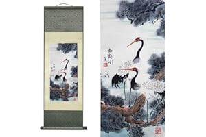 AtfArt Asian Wall Decor Beautiful Silk Scroll Painting White Crane - Red Crowned Crane - Grus Japonensis Oriental Decor Chine