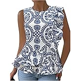 Floerns Women's Floral Crew Neck Ruffle Hem Peplum Sleeveless Boho Blouse Tops